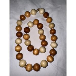 Vintage Wood Bead Necklace And Bracelet Set 17" Choker UNIQUE Estate Piece